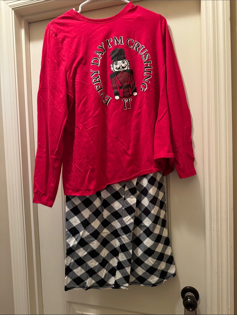 Women’s Red Nutcracker Pajama Set with Black & White Plaid Pants